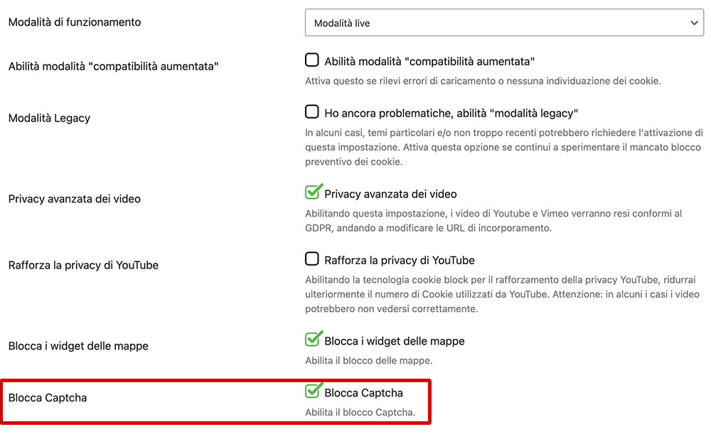 opzione di blocco di Google ReCaptcha