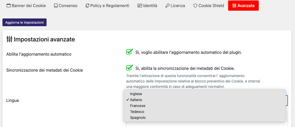 installazione plugin - impostazioni lingue