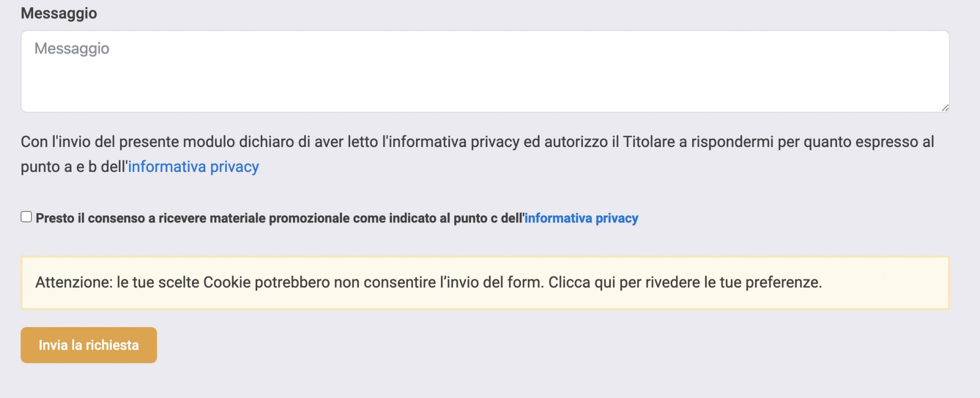 messaggio di notifica per gli utenti di cookie Google Recaptcha non accettato