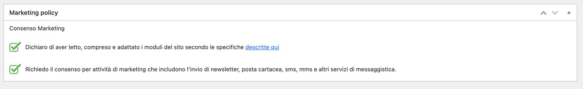 opzioni per abilitare il consenso marketing nella privacy policy